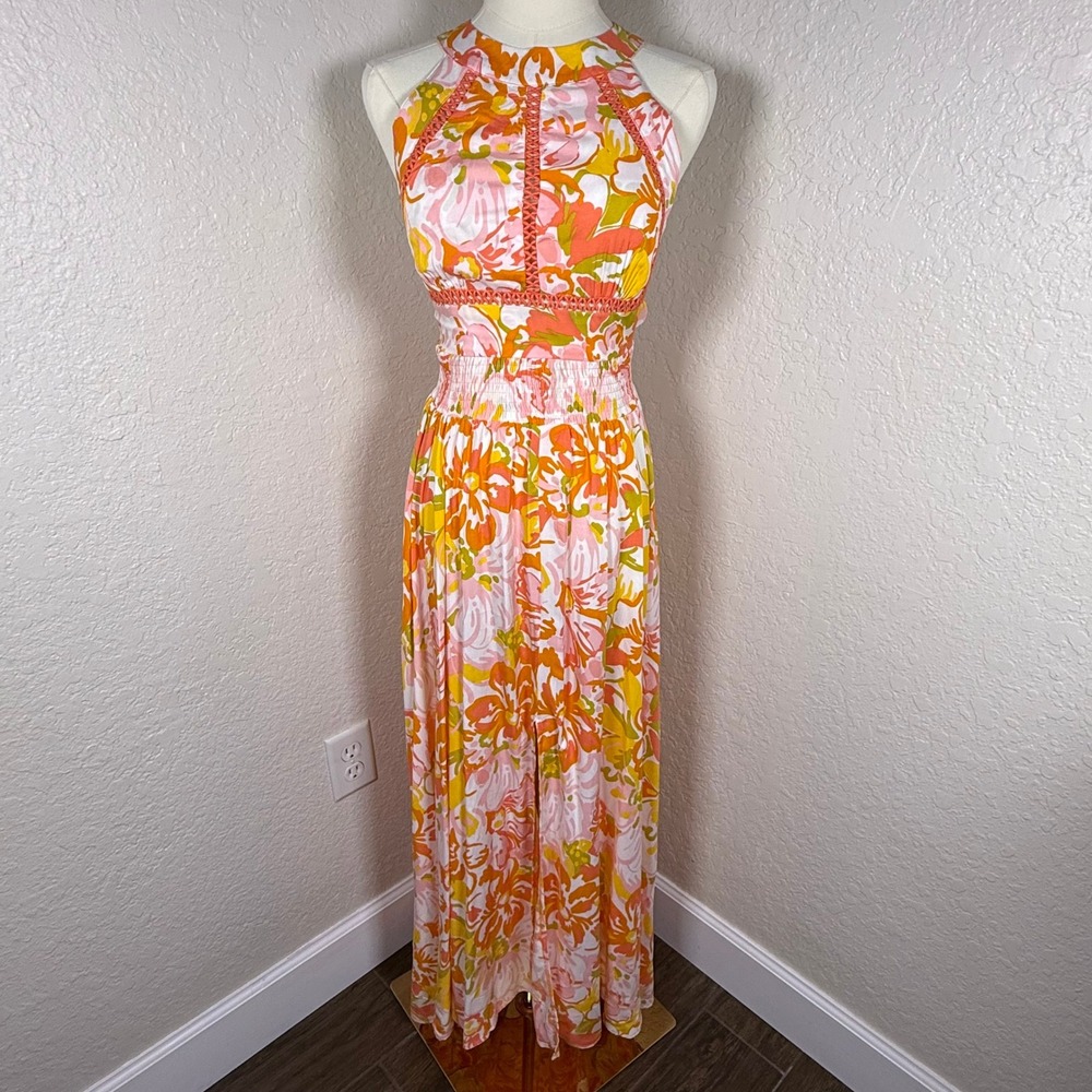 Abel The Label Floral Halter Maxi Jumpsuit Orange Pink Retro XS Wide Leg Cutout